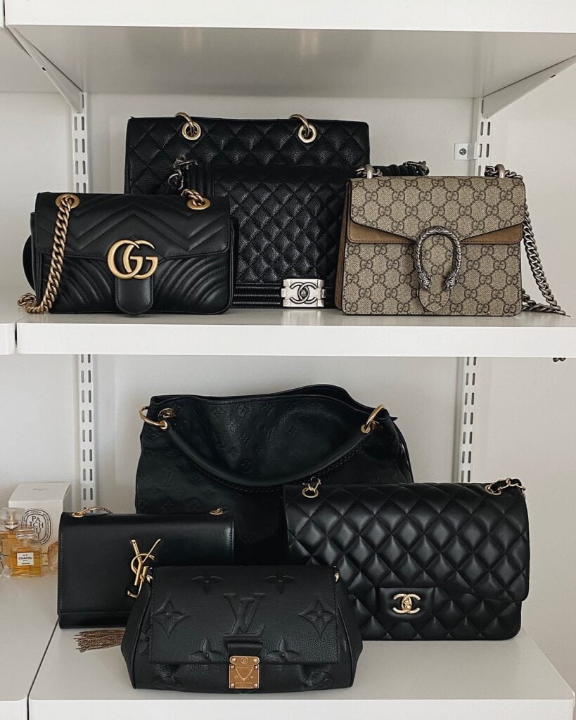 Designer bags on shelves Designer bags on shelves