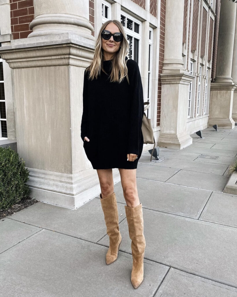 sweater dress and boots outfit