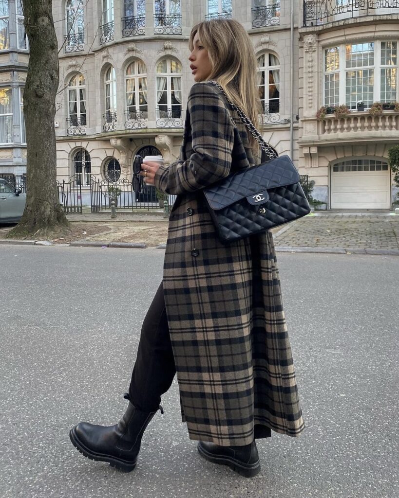 Plaid long trench coat outfit